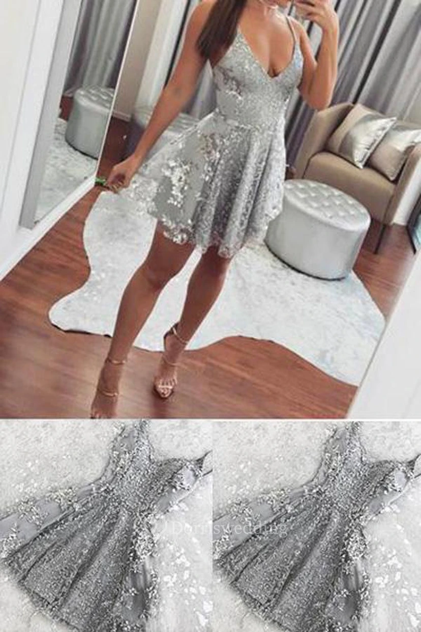 Sliver Spaghetti Sexy Sequin Short Mini Backless Homecoming Prom Dress view 3