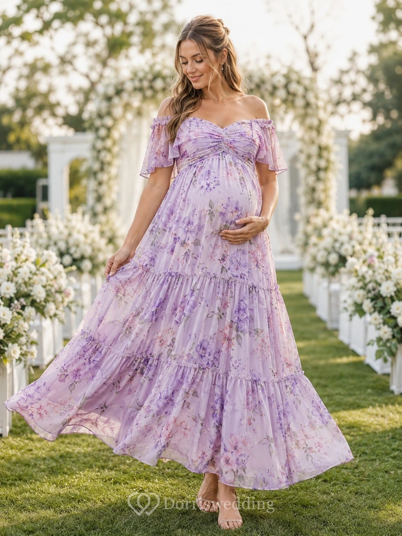Vestido de gasa escalonado de manga corta con hombros descubiertos y estampado floral lavanda para embarazadas