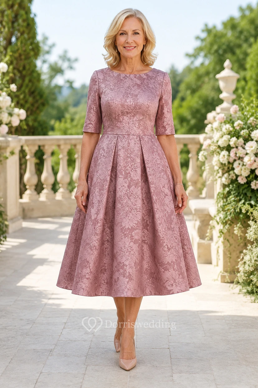 Dusty Rose Tea-Length Jacquard A-Line Mother Dress