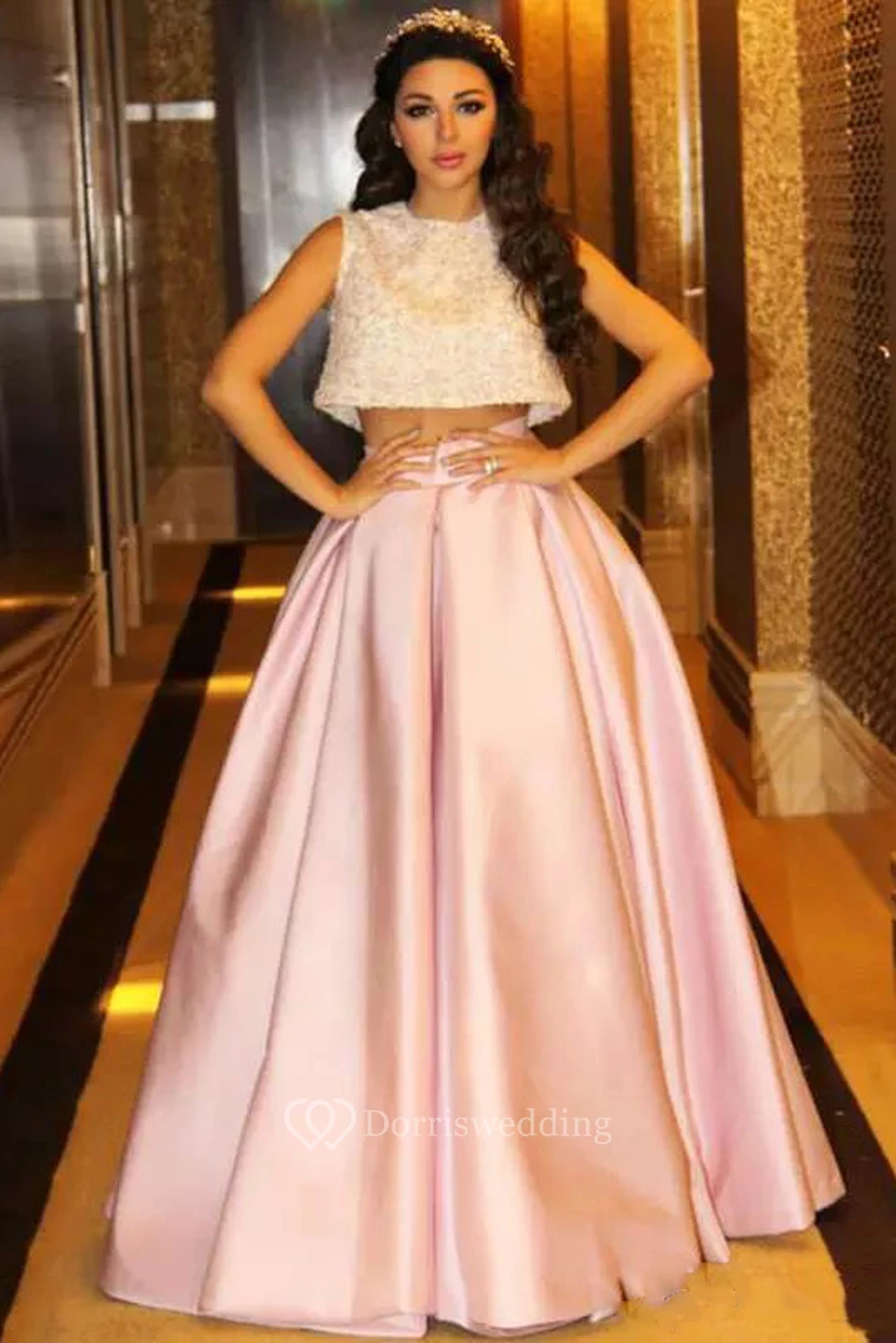 High Neck Jewel Two Piece Floor-length Sleeveless Satin Prom Dress with Zipper Back view 4
