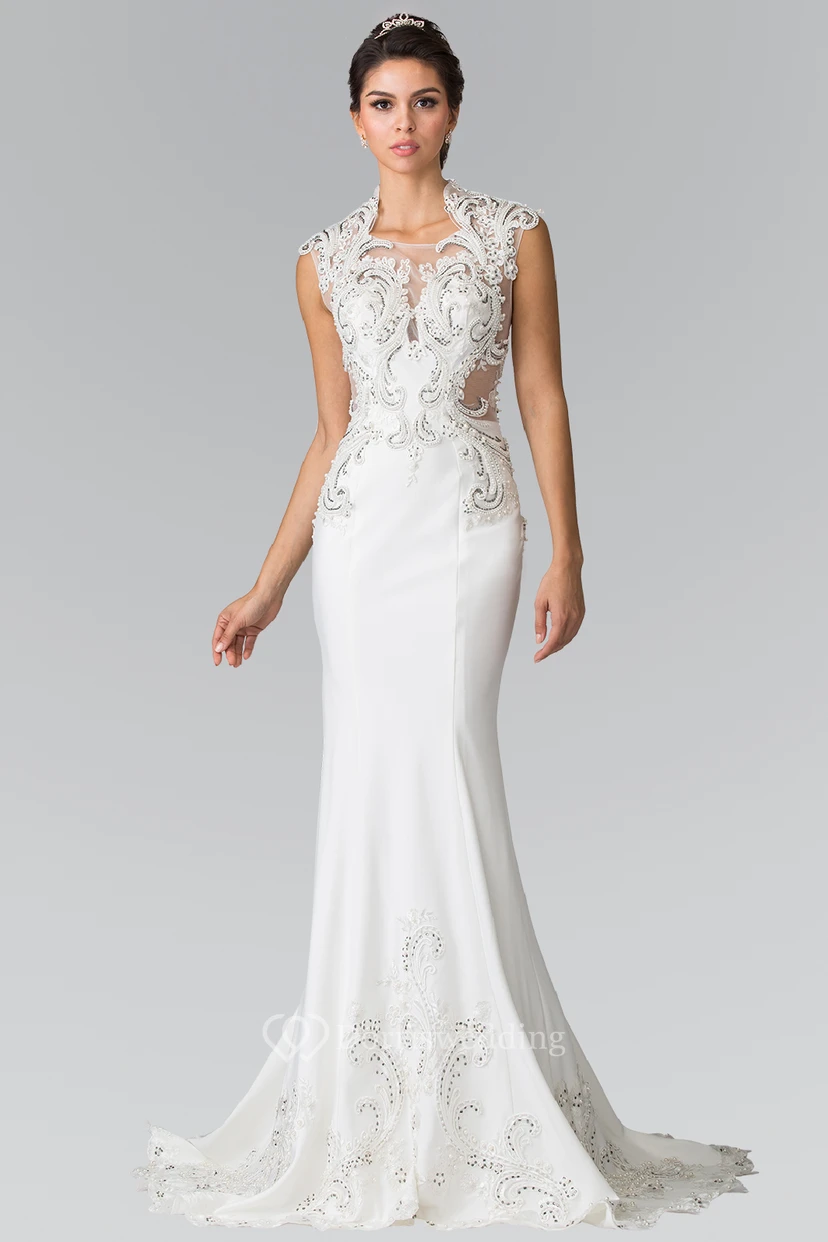 Sheath Floor-Length Cap-Sleeve Jersey Sweep Train Dress With Appliques