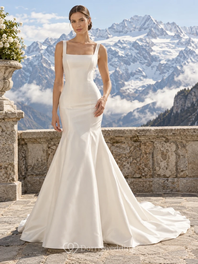Vestido de novia sencillo de tafetán con escote cuadrado, estilo sirena, sin mangas y cola larga.