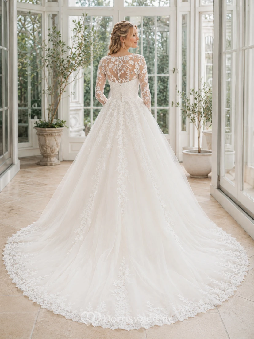 Modest Scoop Long Illusion Lace Sleeve Tulle Ball Gown Chapel Train Wedding Gown view 2