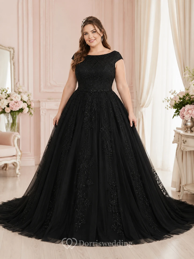 Modest Black Plus Size Bateau Cap Sleeve Lace Ball Gown Wedding Dress