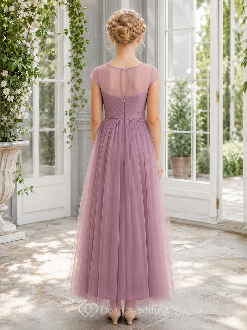 Elegantes, mauvefarbenes, kurzärmeliges Tüllkleid mit Herzausschnitt und A-Linien-Schnitt in Teelänge für junge Brautjungfern view 2