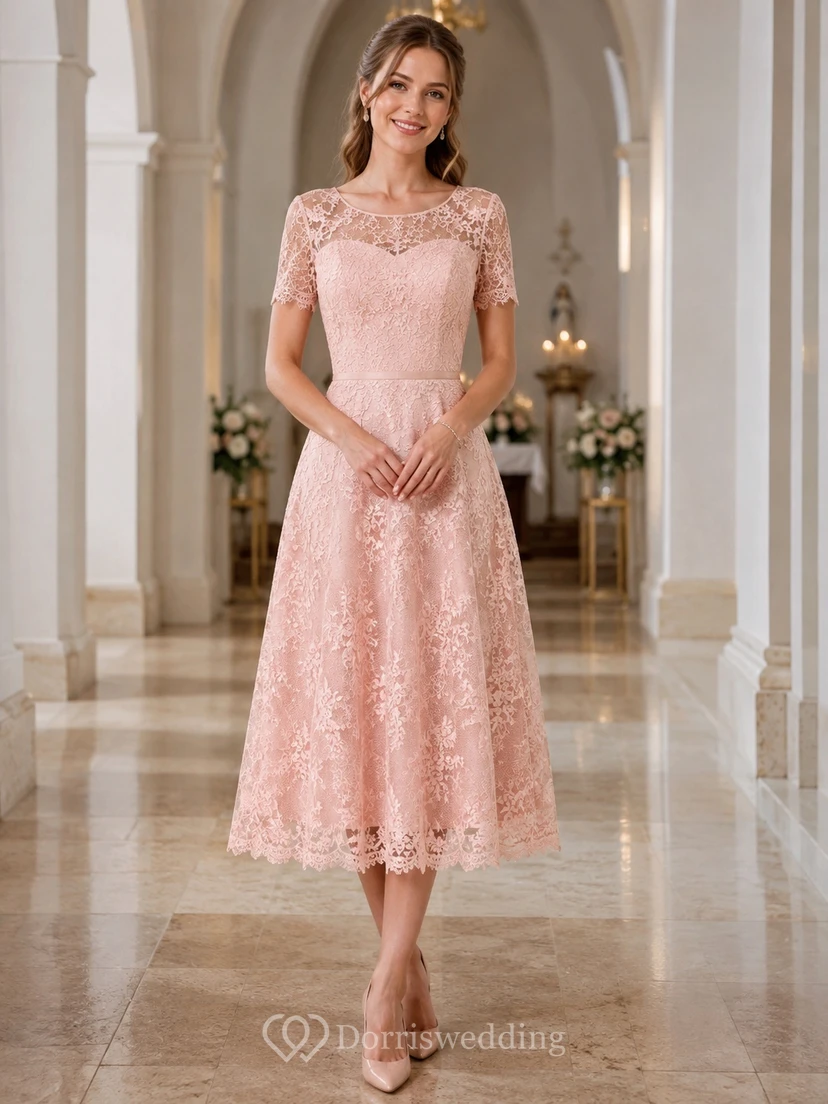 Blush Bateau Short Sleeve Lace A-Line Tea-Length Romantic Ceremony Dress