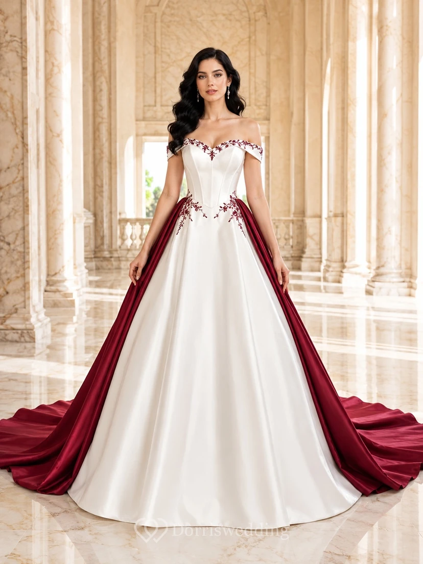 Burgunderrotes, drapiertes Brautkleid in A-Linie mit schulterfreiem, ärmellosem Schnitt und Schleppe – modern und elegant