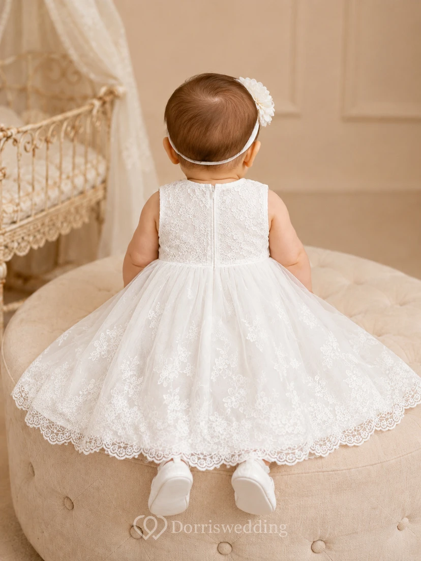 Sleeveless Christening Dress A-Line Lace Tulle Jewel Neck Full Skirt view 2
