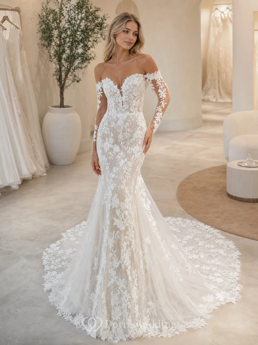 Vestido de novia elegante de encaje estilo sirena con mangas largas, escote de hombros descubiertos y efecto ilusión.