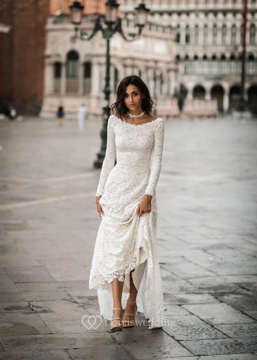 Long Sleeve Lace Boho Wedding Dress | Simple Ivory Bridal Gown view 3