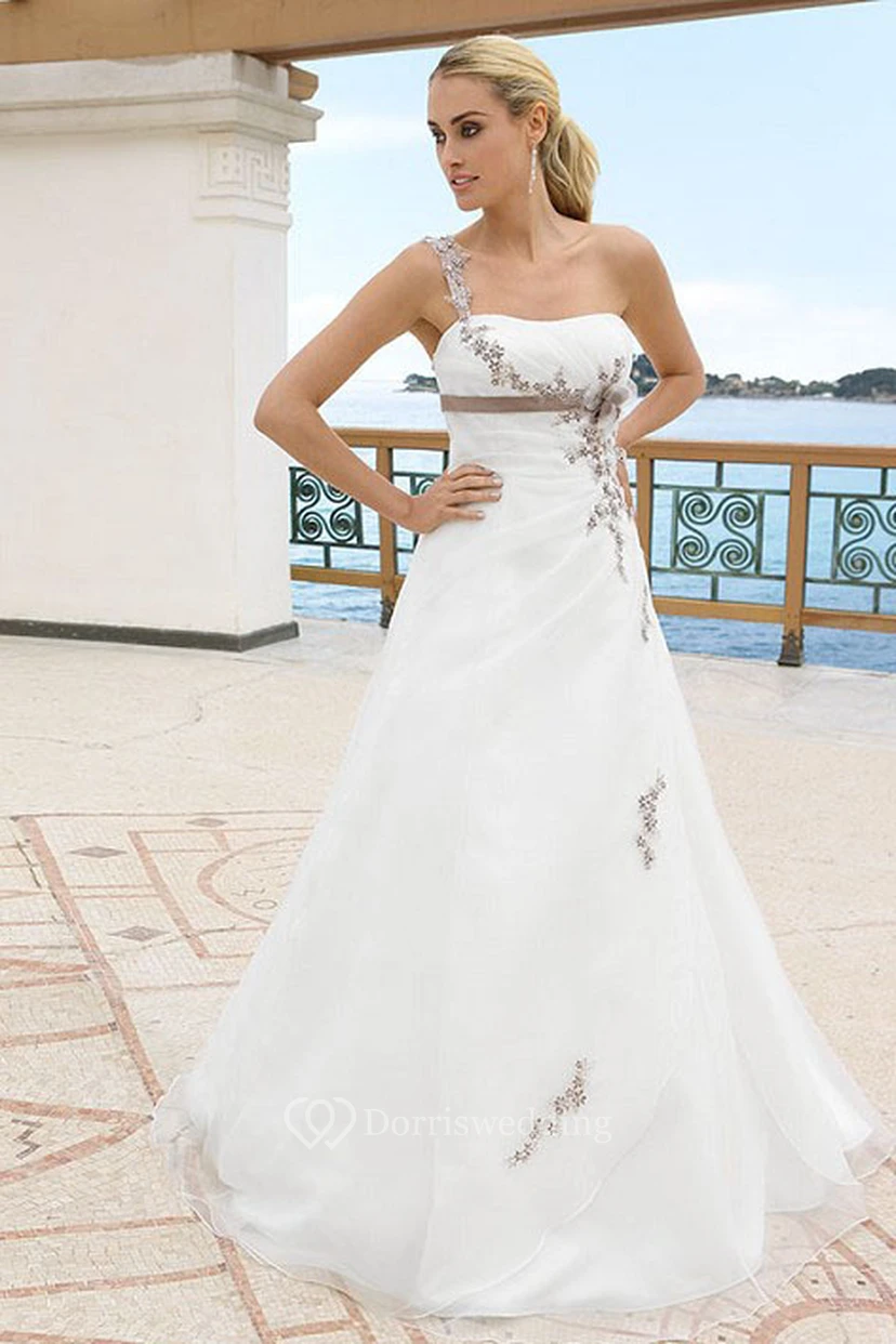 Long One-Shoulder Appliqued Satin Wedding Dress With Side Draping view 2