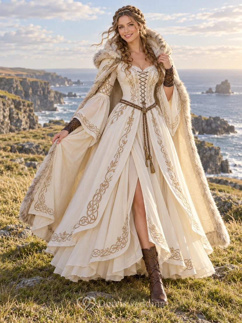Vestido de novia de corte A con corsé vikingo vintage, manga larga y capa de piel