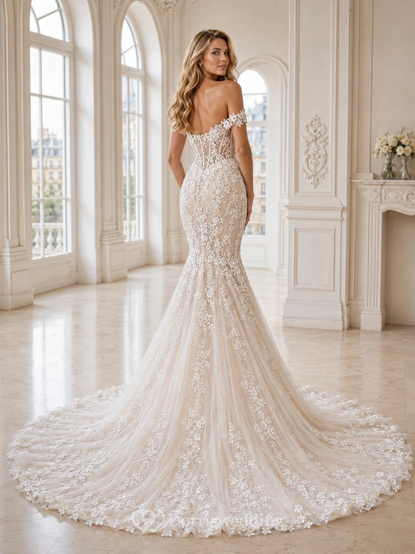 Robe de mariée sirène en dentelle féminine, décolleté cœur, manches courtes, traîne chapelle, ornée d'appliques. Galerie d'appliqués. view 2