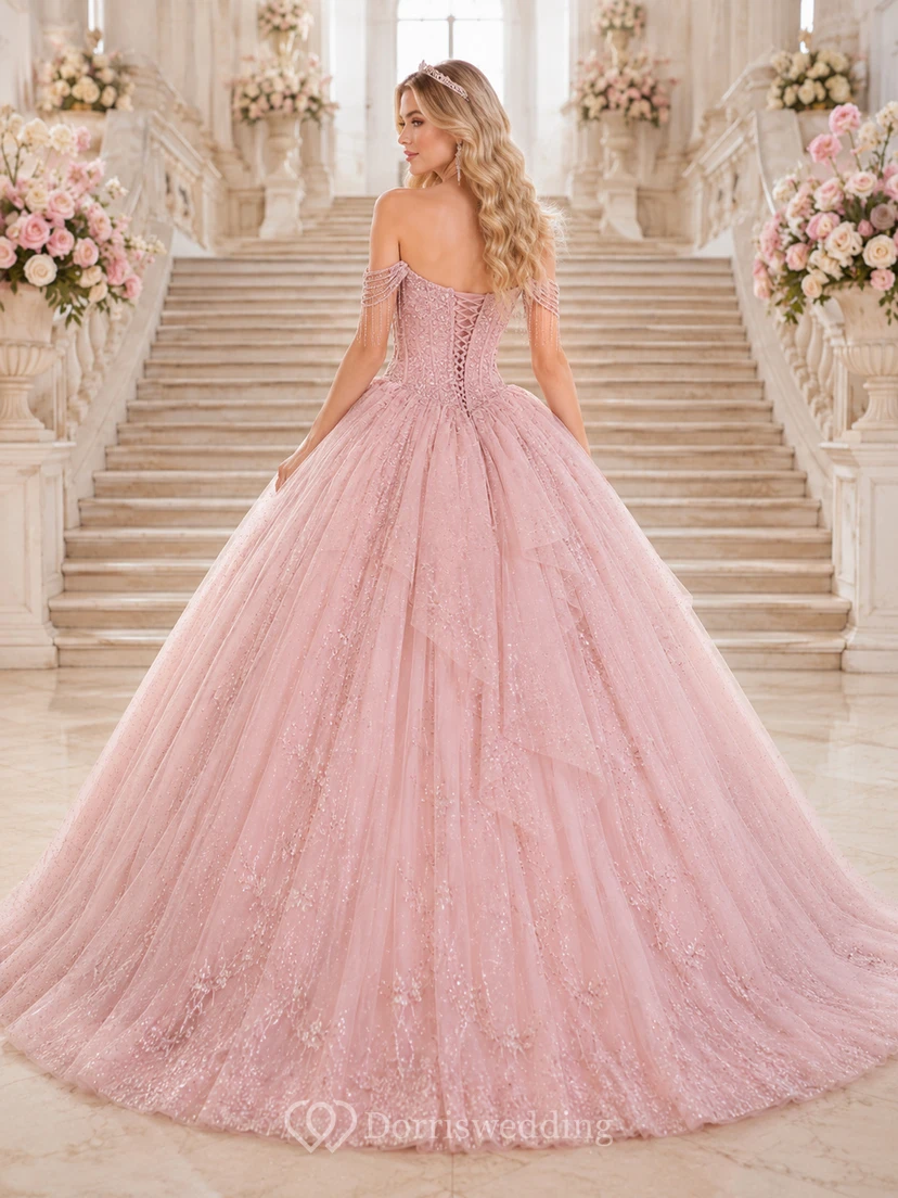 Robe de bal de princesse rose poudré luxueuse à épaules dénudées, franges de cristaux et paillettes pour quinceañera view 2