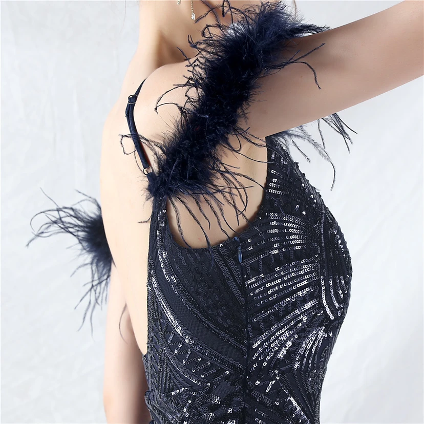 Vestido de noche con cuentas florales y plumas de avestruz elaboradas artesanalmente view 98