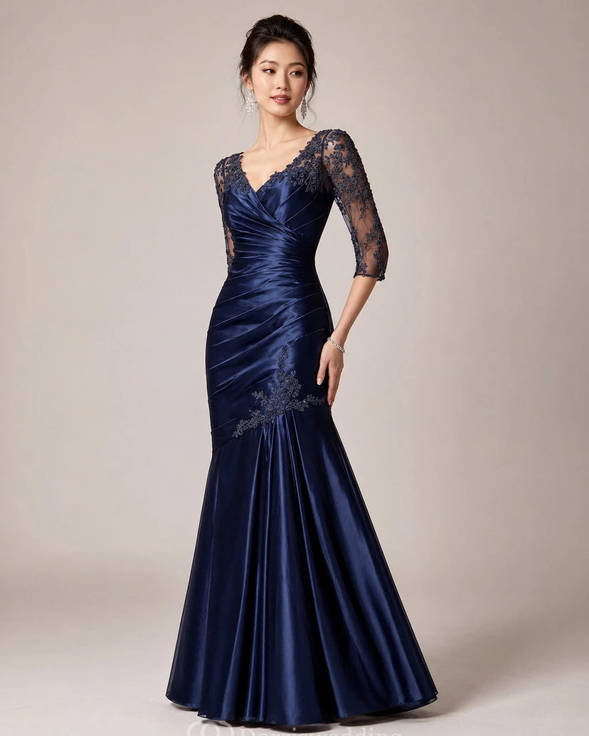 3-4-ärmeliges Taftkleid mit V-Ausschnitt, Applikationen und Falten view 6