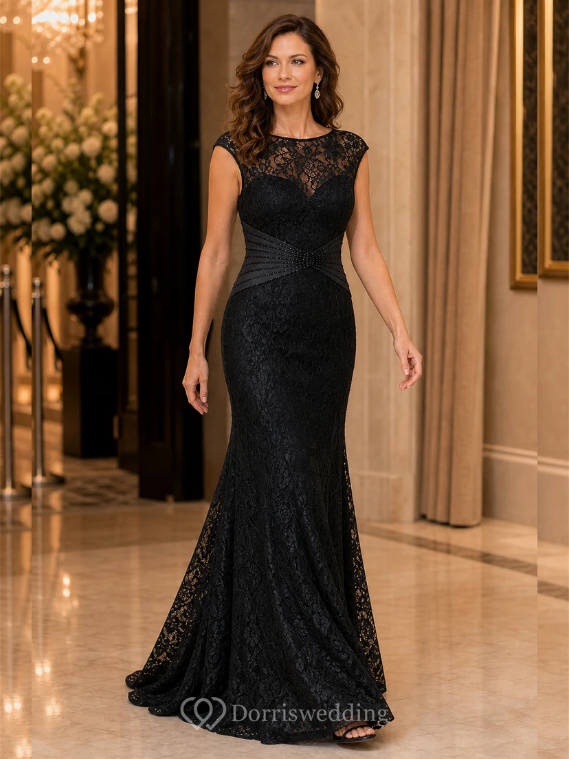 Cap-Sleeved Long Lace Mother Of The Bride Dress With Beadings And V-Back view 3