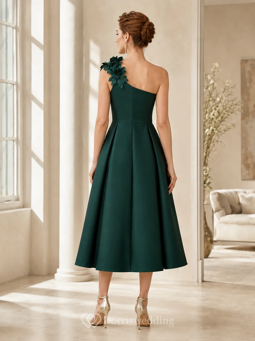 Dark Green One-Shoulder 3D Floral Applique Dress view 2