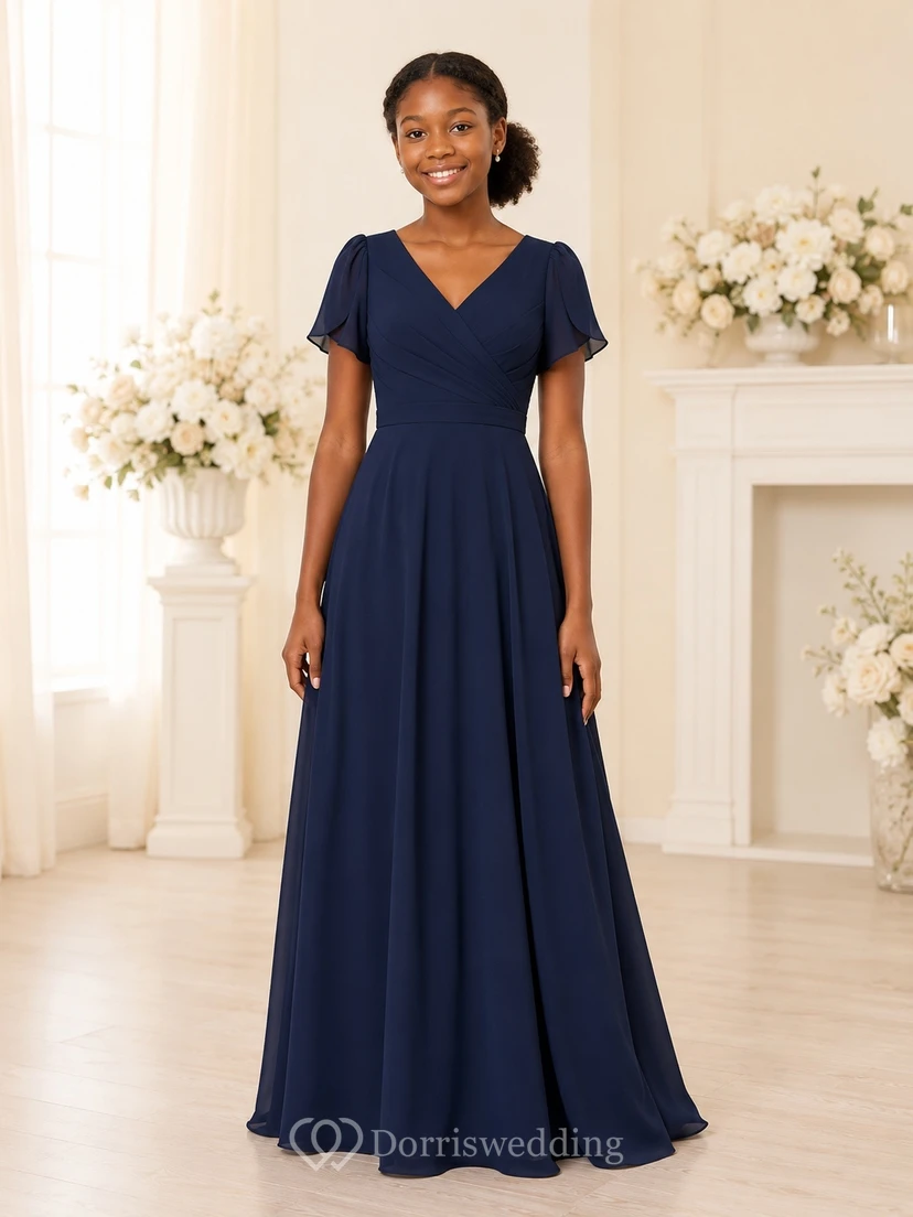 Vestido de dama de honor juvenil azul marino oscuro, corte en A, escote en V, manga corta tipo pétalo, gasa, modesto.