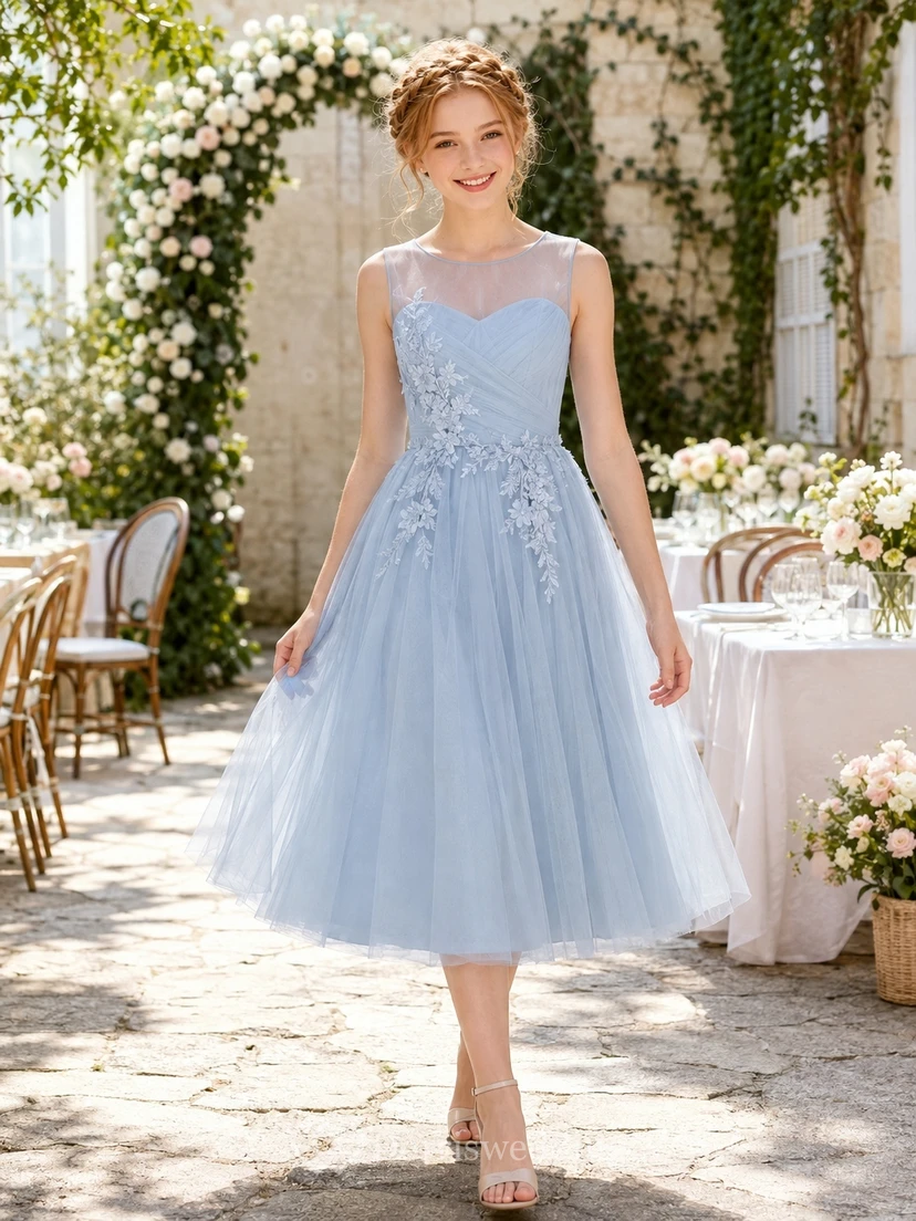 Himmelblaues Brautjungfernkleid für junge Mädchen, A-Linie, herzförmiger Schnitt, ärmellos, wadenlang, mit Spitzendetails, lässig