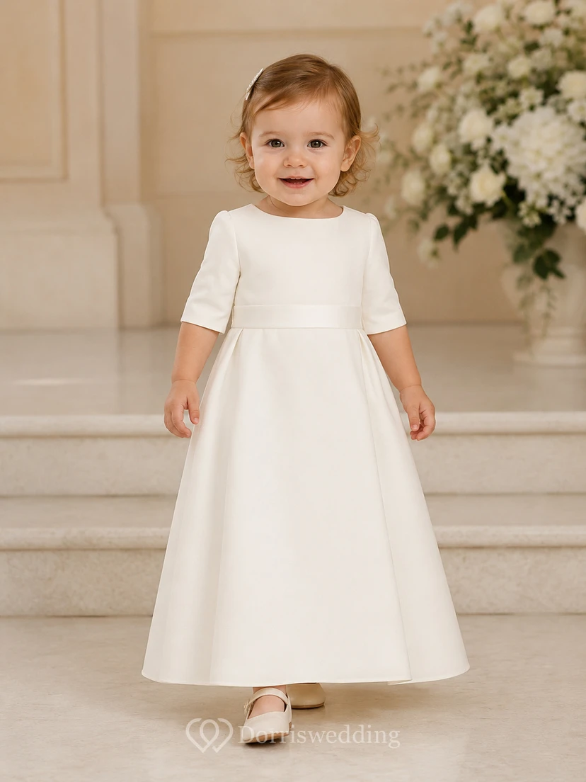 Vestido minimalista y modesto para ceremonia de bautizo de bebé, corte en A, largo hasta los tobillos, cuello joya, manga corta, satén, lazo en la espalda, botones en la espalda.