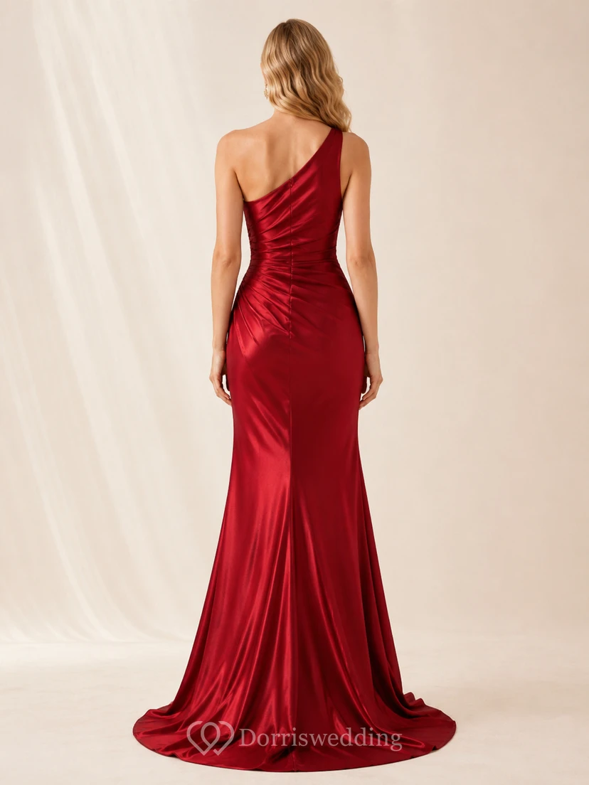 Red Satin One Shoulder Slit Mermaid Evening Dress view 2
