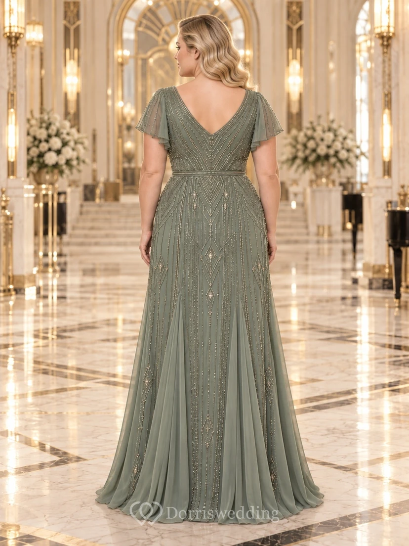 Vestido largo de dama de honor de talla grande, estilo vintage, color verde salvia, corte en A, escote en V, mangas con volantes y detalles geométricos con cuentas. view 2