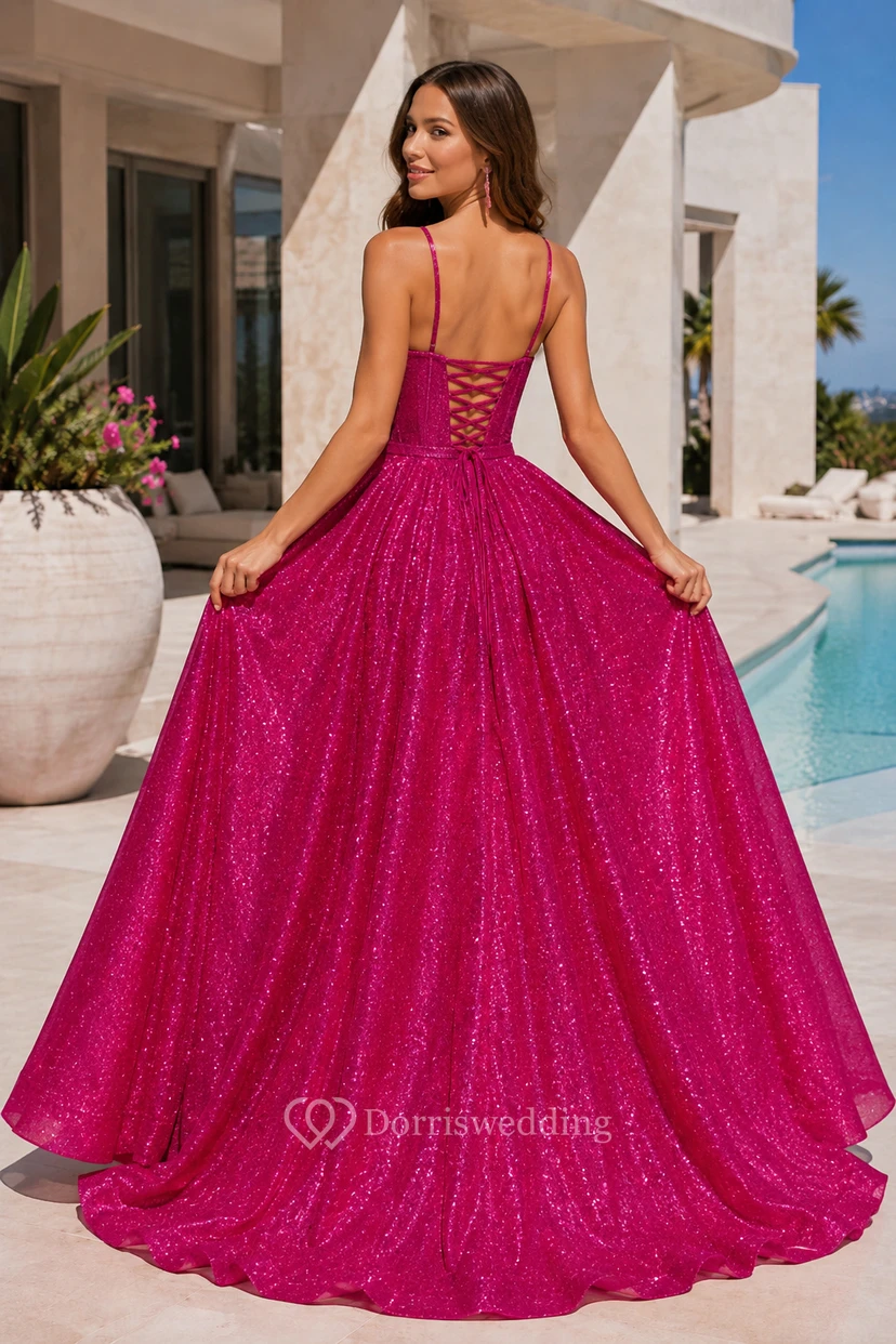 Vestido de fiesta fucsia brillante con escote corazón y espalda con cordones view 2