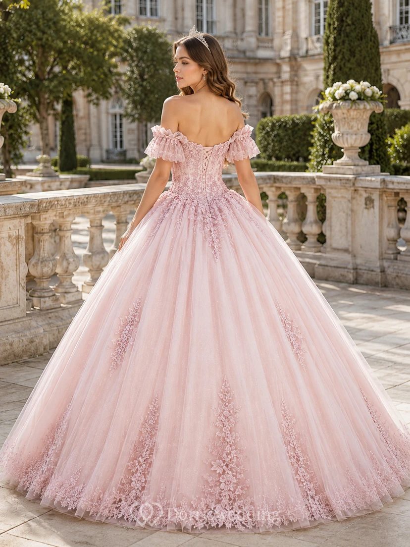 Blush Off Shoulder Applique Tulle Quinceanera Ball Gown view 2