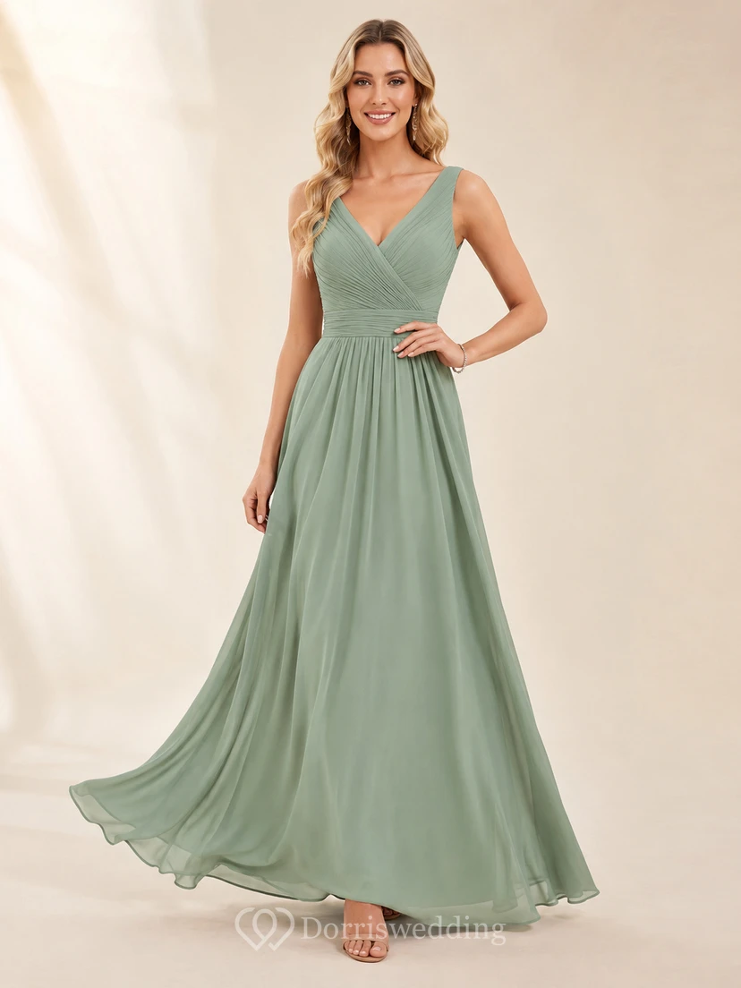 Robe de demoiselle d'honneur élégante en mousseline de soie céladon, col en V, sans manches, coupe trapèze, longueur au sol, style jardin