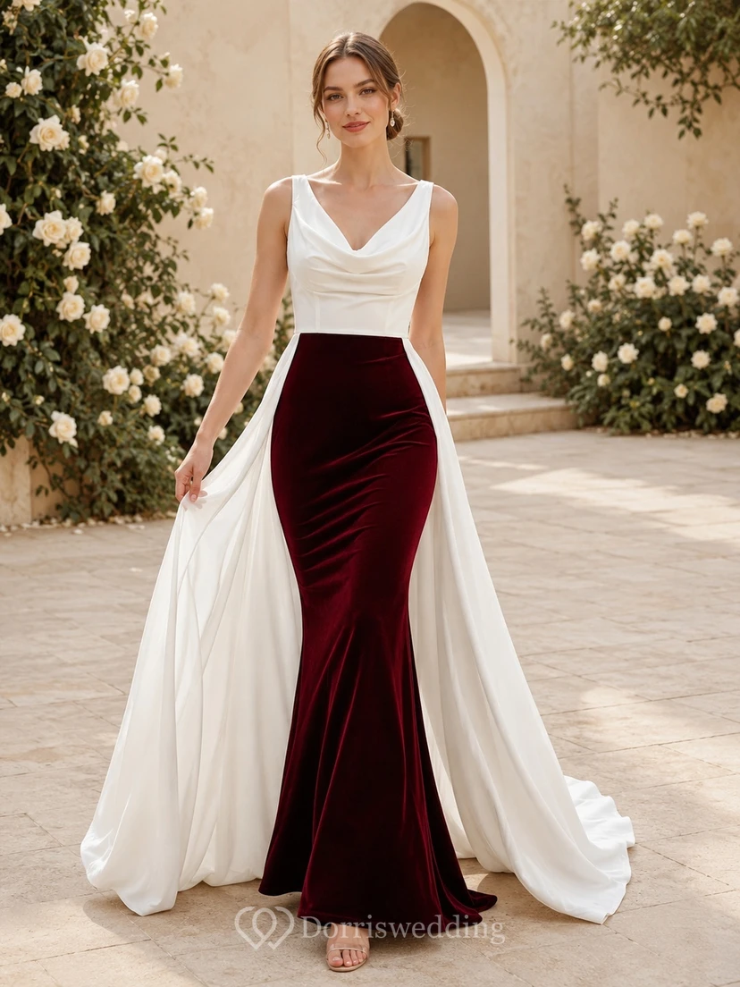 Burgunderfarbenes, fließendes Brautkleid in A-Linie mit Wasserfallausschnitt, ärmellos und Schleppe, modern und elegant