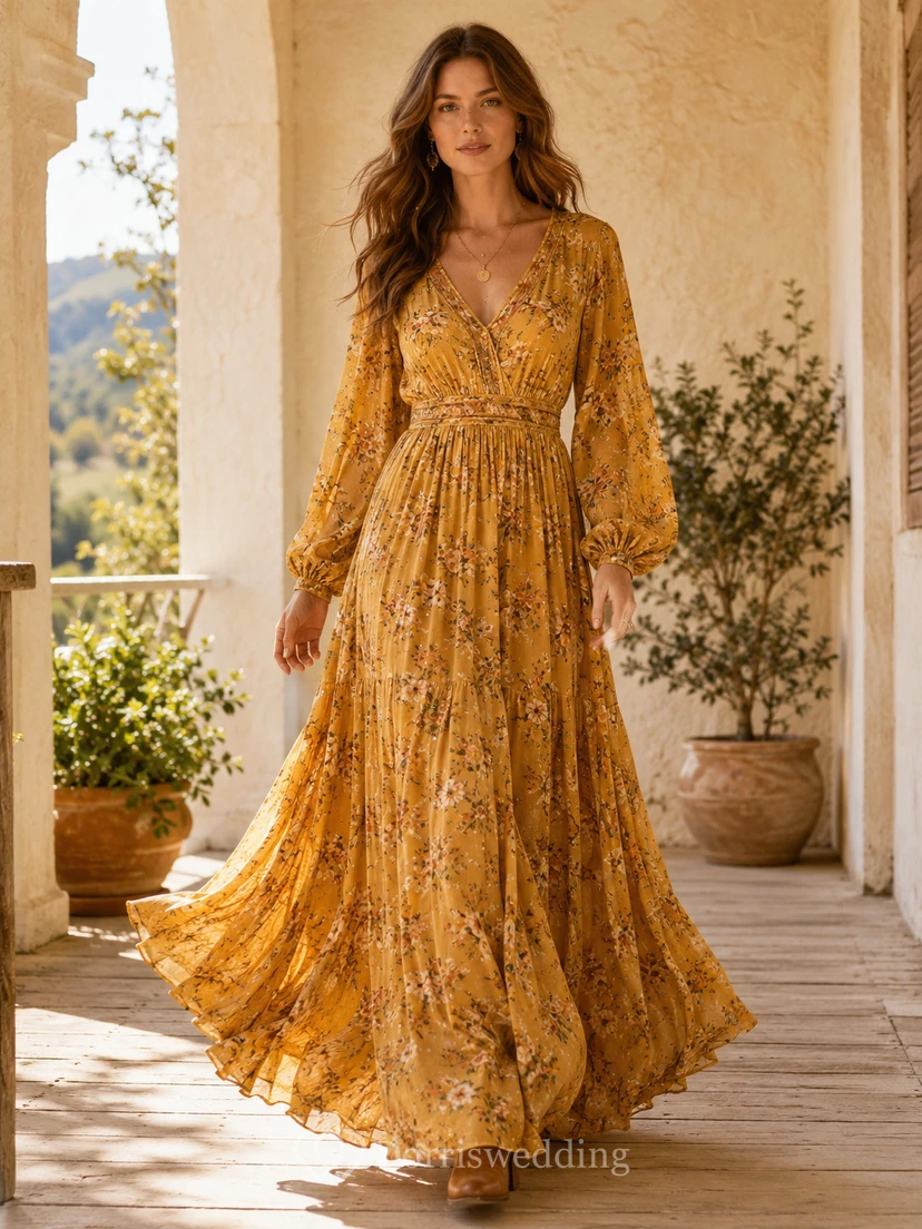 Vestido de gasa bohemio largo hasta el suelo con escote en V y manga larga, color Golden Prairie Daffodil.