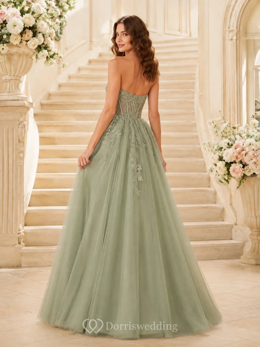 Sage Strapless Sweetheart Tulle A-Line Applique Floor-Length Formal Gown view 2
