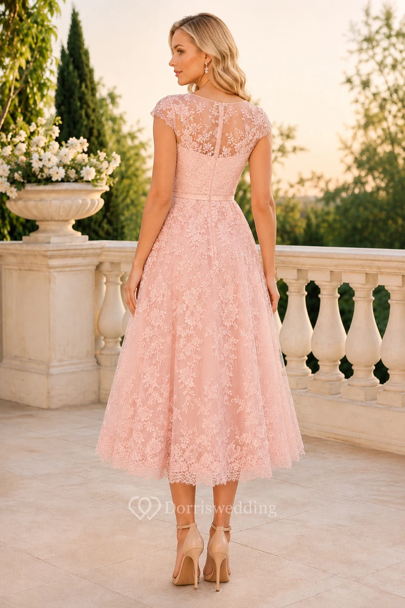 Blushing Pink Tea Length Lace A-Line Mother Dress with Cap Sleeves for Mother of the Bride and Wedding Guest Events view 2