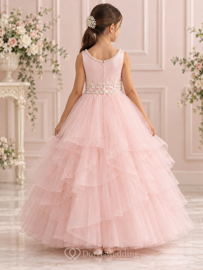 Ärmelloses, gestuftes Ballkleid aus Tüll mit Perlenkragen in Rosa für Blumenmädchen view 2
