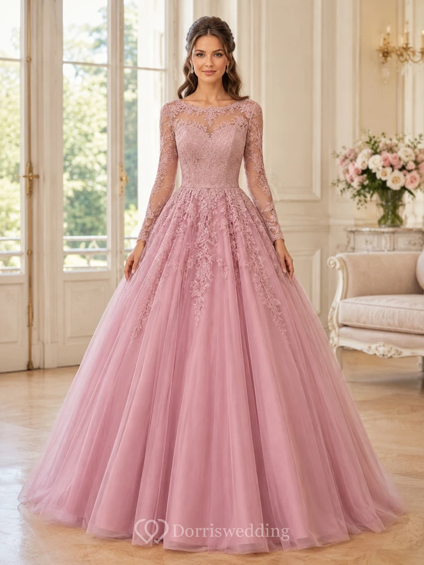 Dusty Rose Lace Long Sleeve Vintage Ball Gown