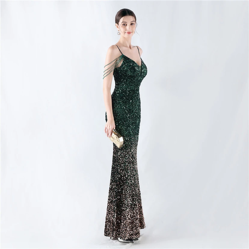 Velvet-Bottom Gradient Sequined Sexy Beaded Suspender Evening Dress view 13