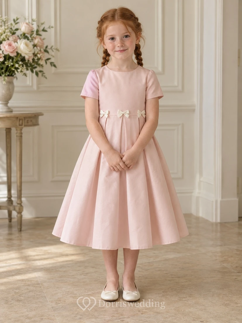 Simple Modest Blush Tea-length Short Sleeve Small Bow Gently Pleated Flower Girl Dress view 2