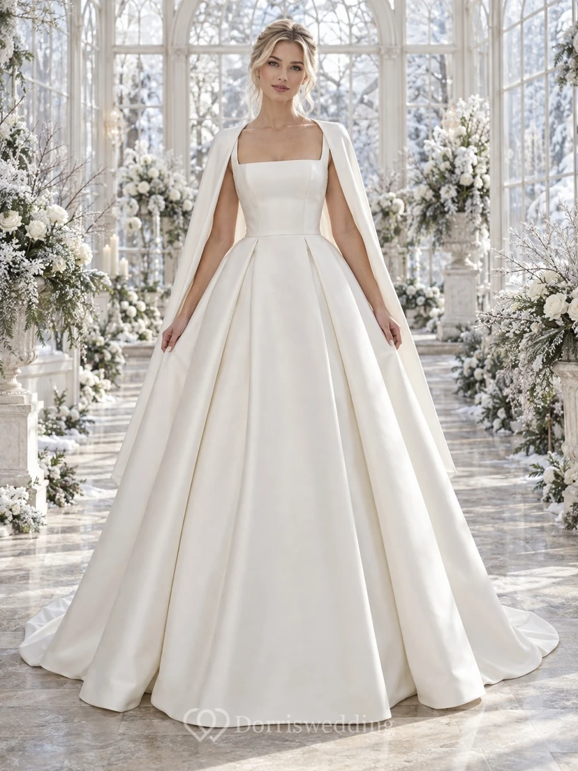 Vestido de novia sencillo de satén con cuello cuadrado, sin mangas y plisado tipo caja, estilo princesa.