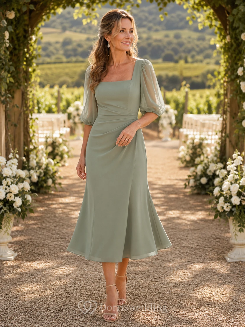 Modernes, eckiges Chiffonkleid mit halben Puffärmeln, taillierter Silhouette und ausgestelltem Rock in Teelänge, ideal für die Mutter der Braut im Freien