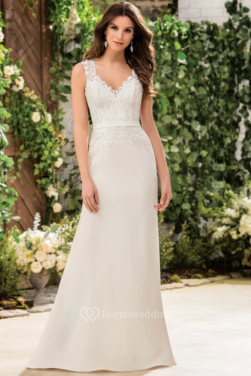 Vestido de novia largo sin mangas con escote en V y espalda con apliques de ilusión