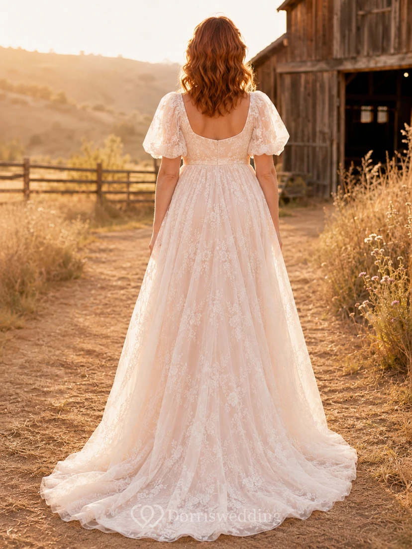Country Blushing Pink Lace Tulle Wedding Dress A-Line Square Neck Short Sleeve Sweep Train Bridal Gown view 2