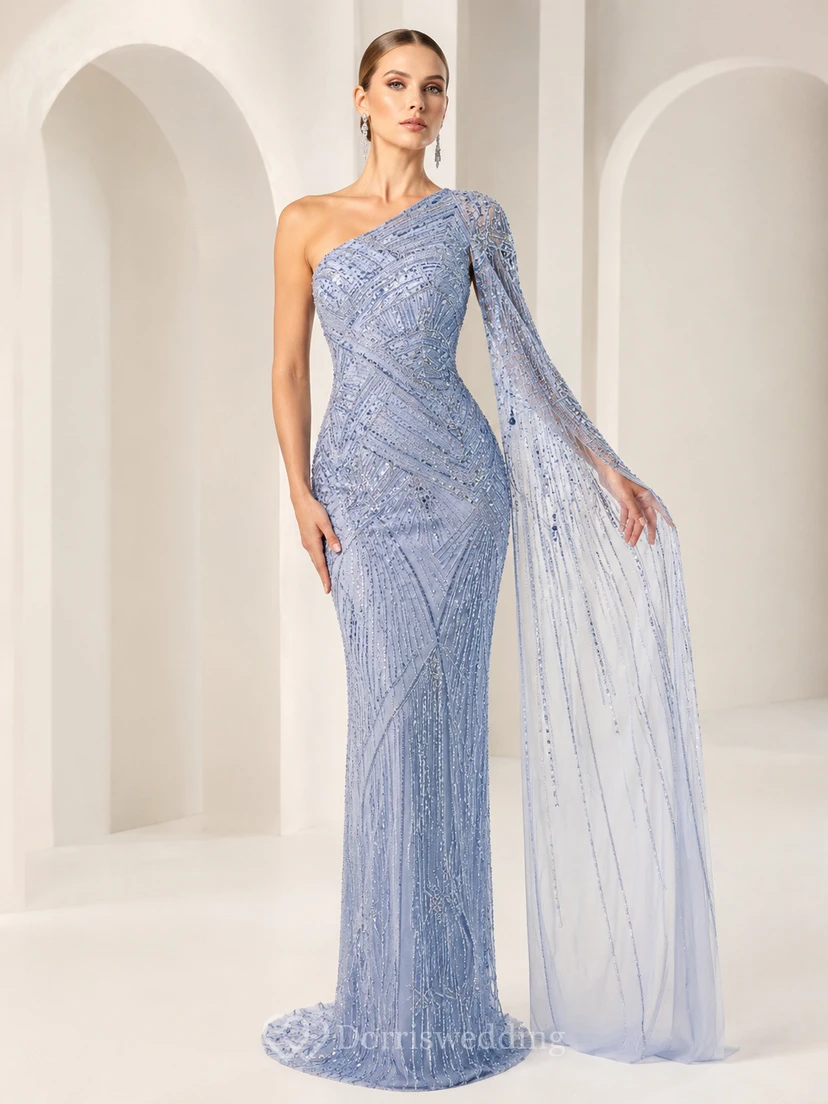 Light Blue One Shoulder Beaded Cape Mermaid Evening Dress