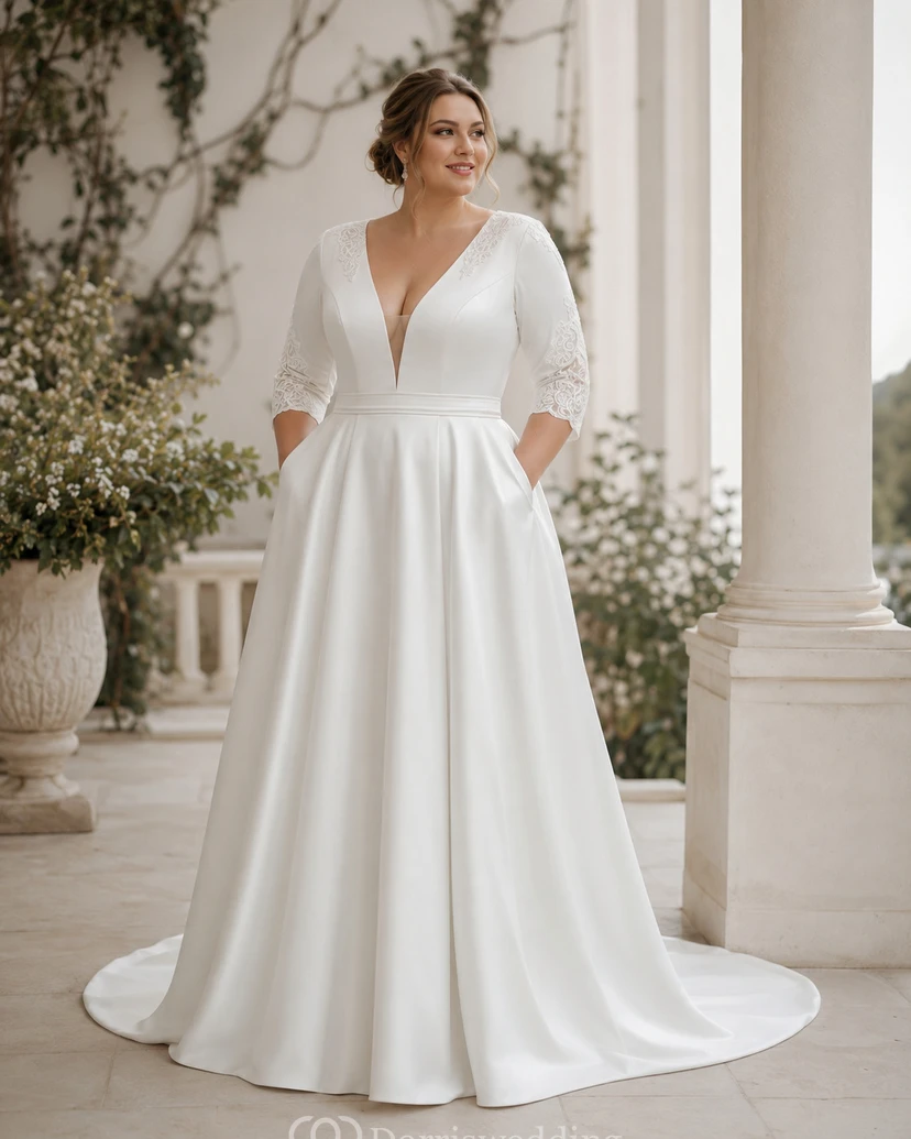 Robe de mariée élégante en satin à manches longues et décolleté plongeant, coupe trapèze