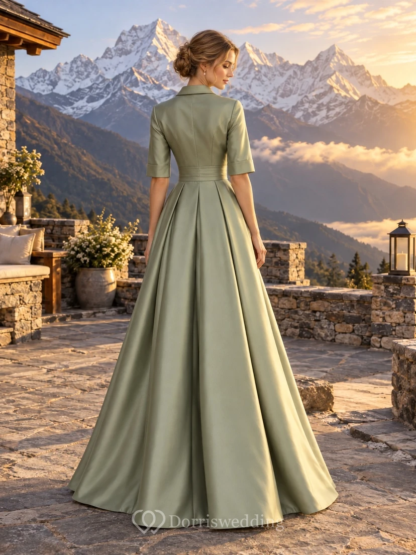 Schlichtes, dezentes, salbeigrünes Hemdblusenkleid aus Satin mit halben Ärmeln und Falten view 2