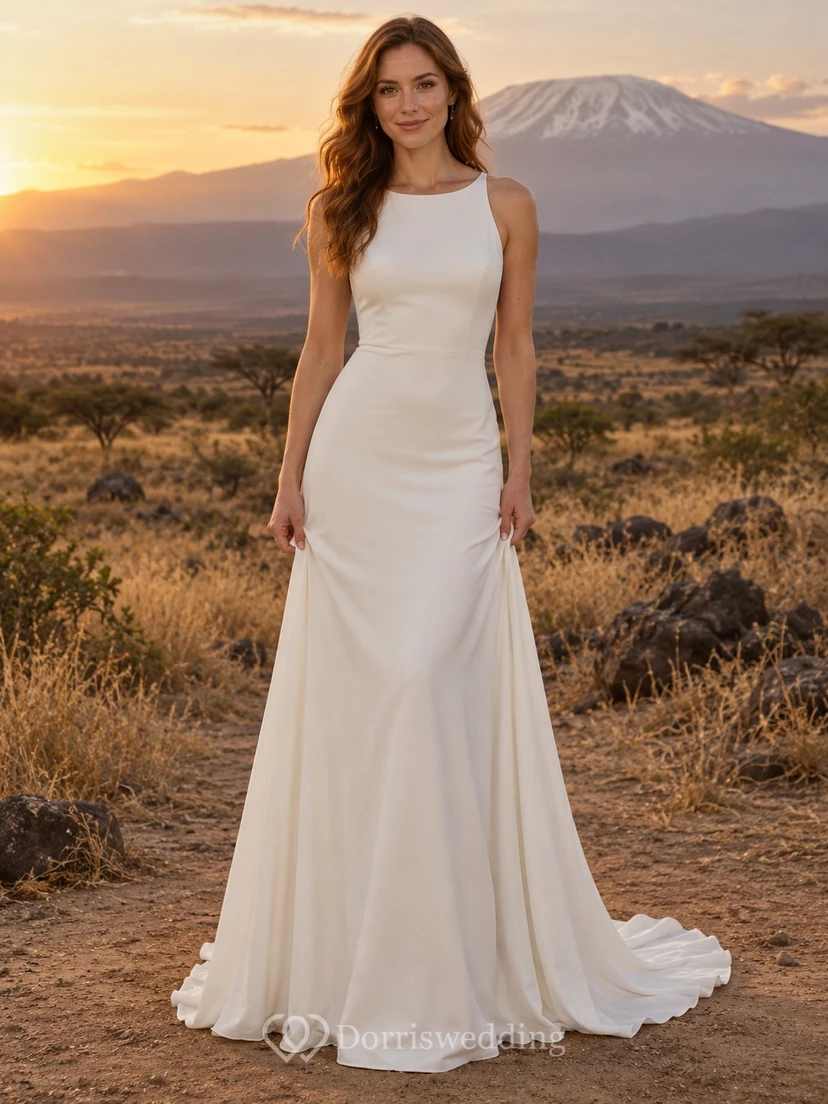 Vestido de novia sencillo de gasa sin mangas con escote joya y tirantes anchos en la espalda.