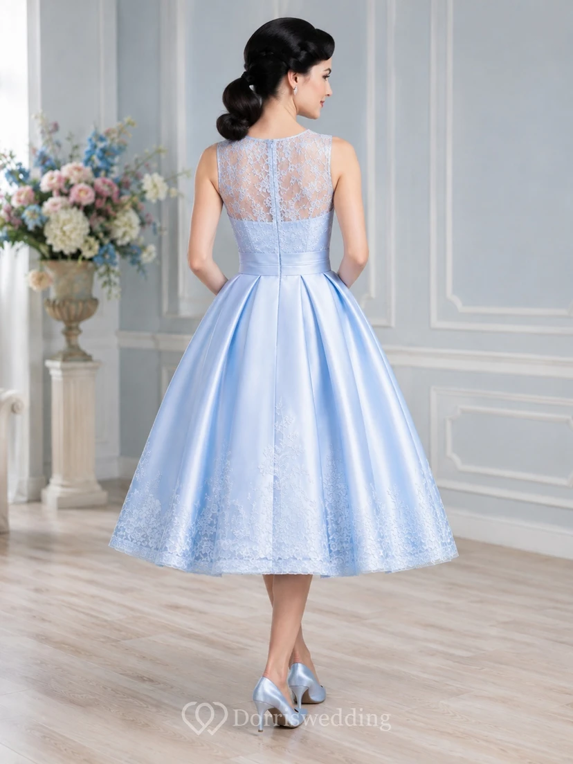 Vintage Sky Blue Illusion Jewel Lace A-Line Tea-Length Formal Dress view 2