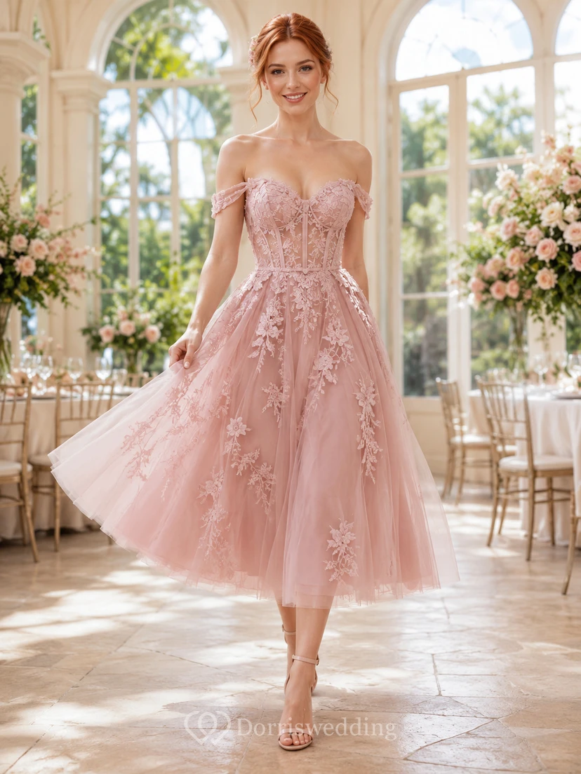 Blush Off Shoulder Floral Lace Tulle Tea Length Wedding Dress