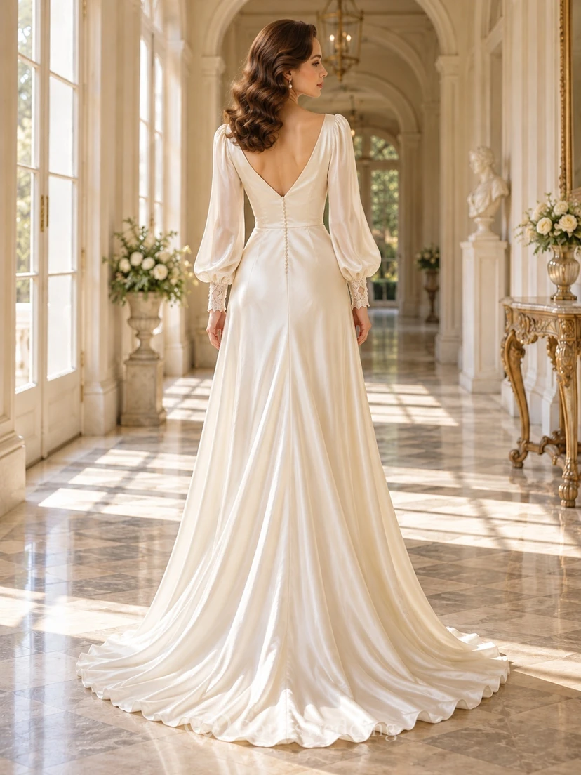 Vintage Long Poet Sleeve V-neck Satin Fitted Wedding Dress view 2