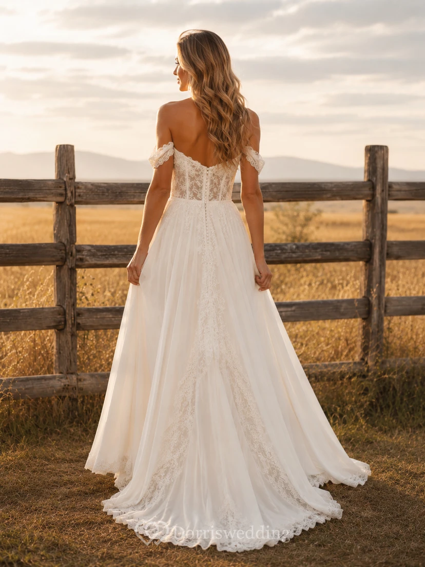 Robe de mariée de maternité, col en V, manches papillon en dentelle, style champêtre avec traîne view 2